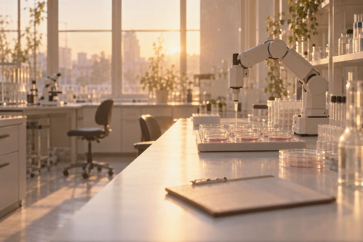 An empty laboratory at dusk, a robotic arm working alone at the bench.